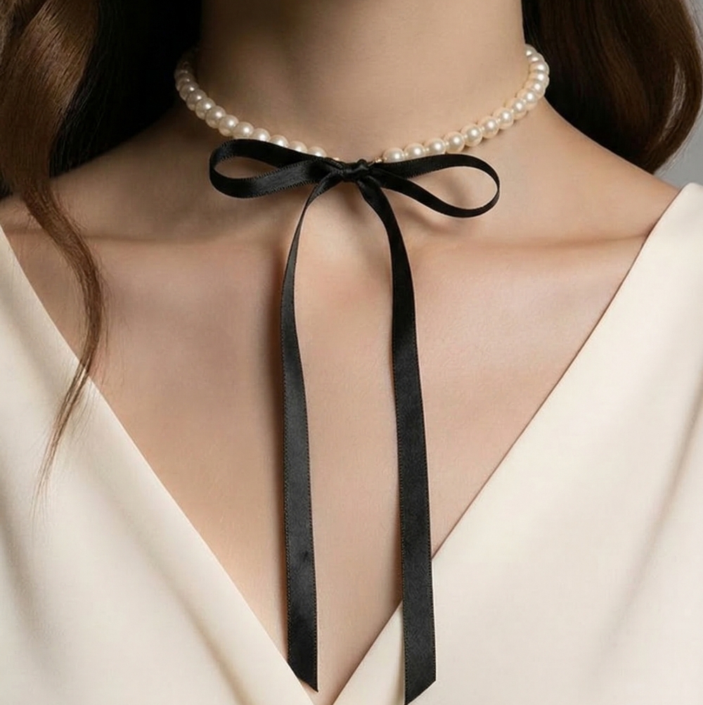 Black Bow Pearl Choker – Ribbon Tie, Faux Pearl, Elegant Ballerina Feminine NWT